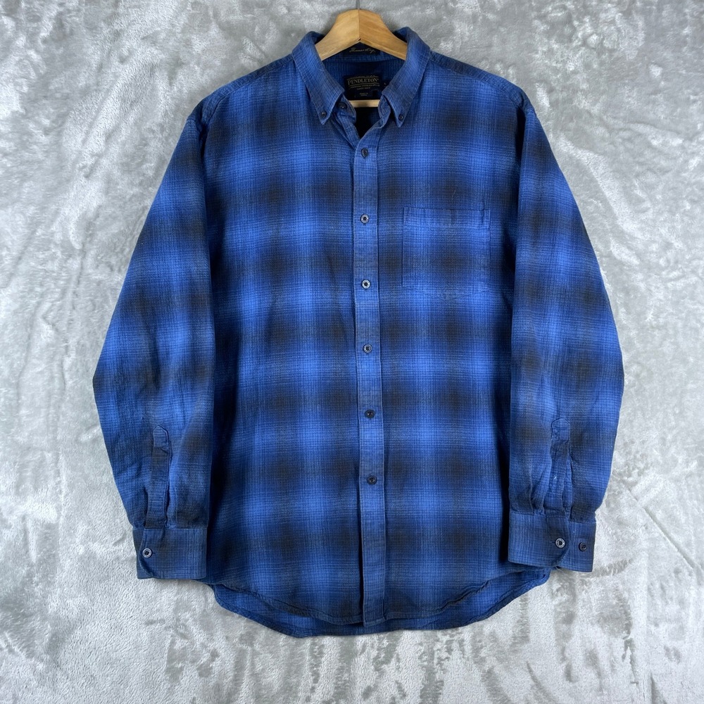 Pendleton Flannel Shirt Mens Large Blue Shadow Plaid Cotton Thomas Kay